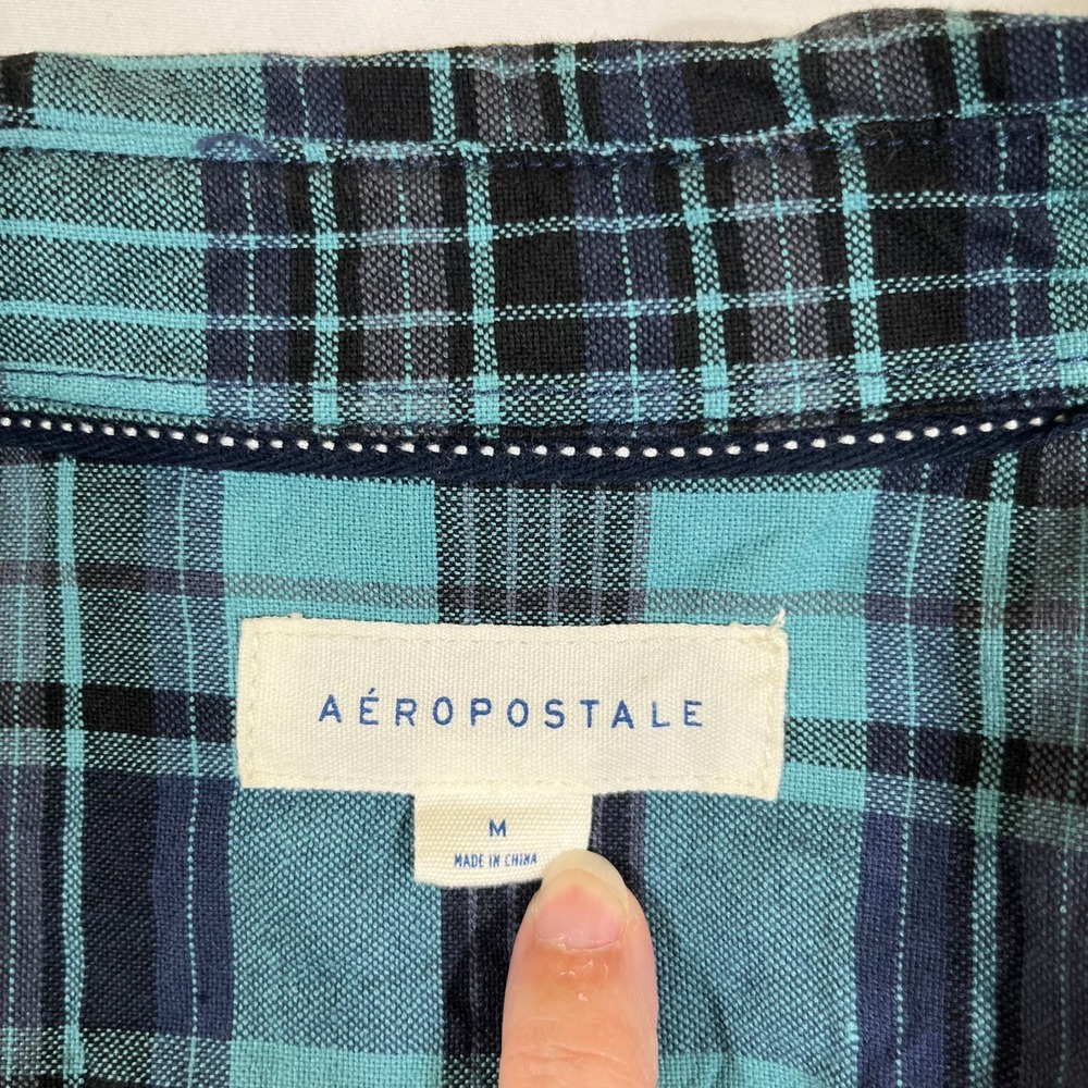Aeropostale Shirt Mens M Teal Blue Plaid Long Sleeve Cotton Button Down - Picture 6 of 11